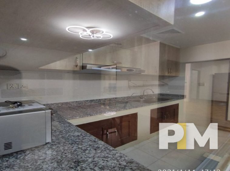 kitchen counter in apartment for rent in sanchaung