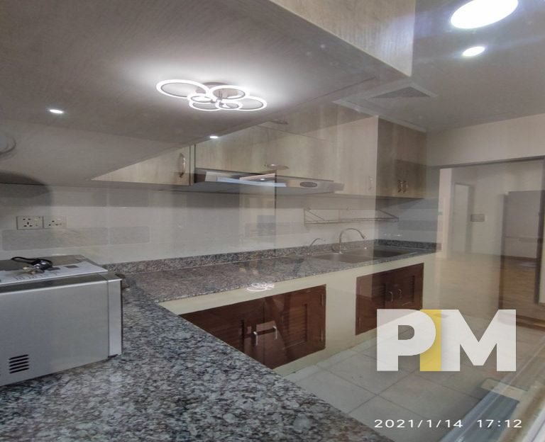 kitchen counter in apartment for rent in sanchaung