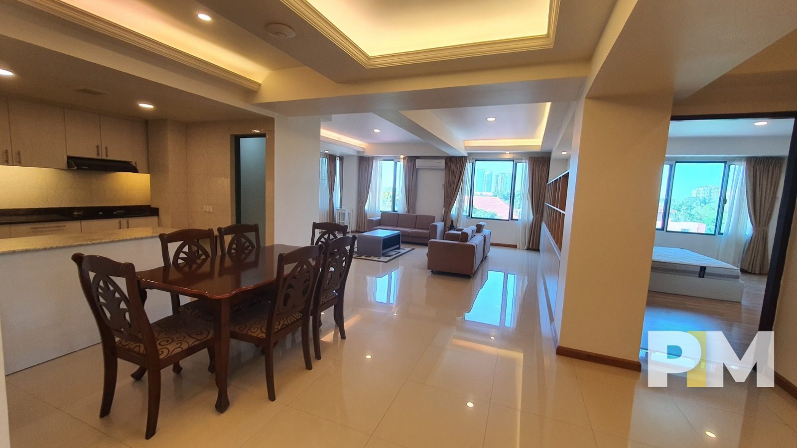 open plan living room and dining room - apartment for rent in yangon
