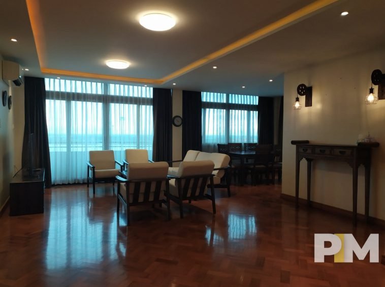 living room with wooden seats - Yangon Real Estate