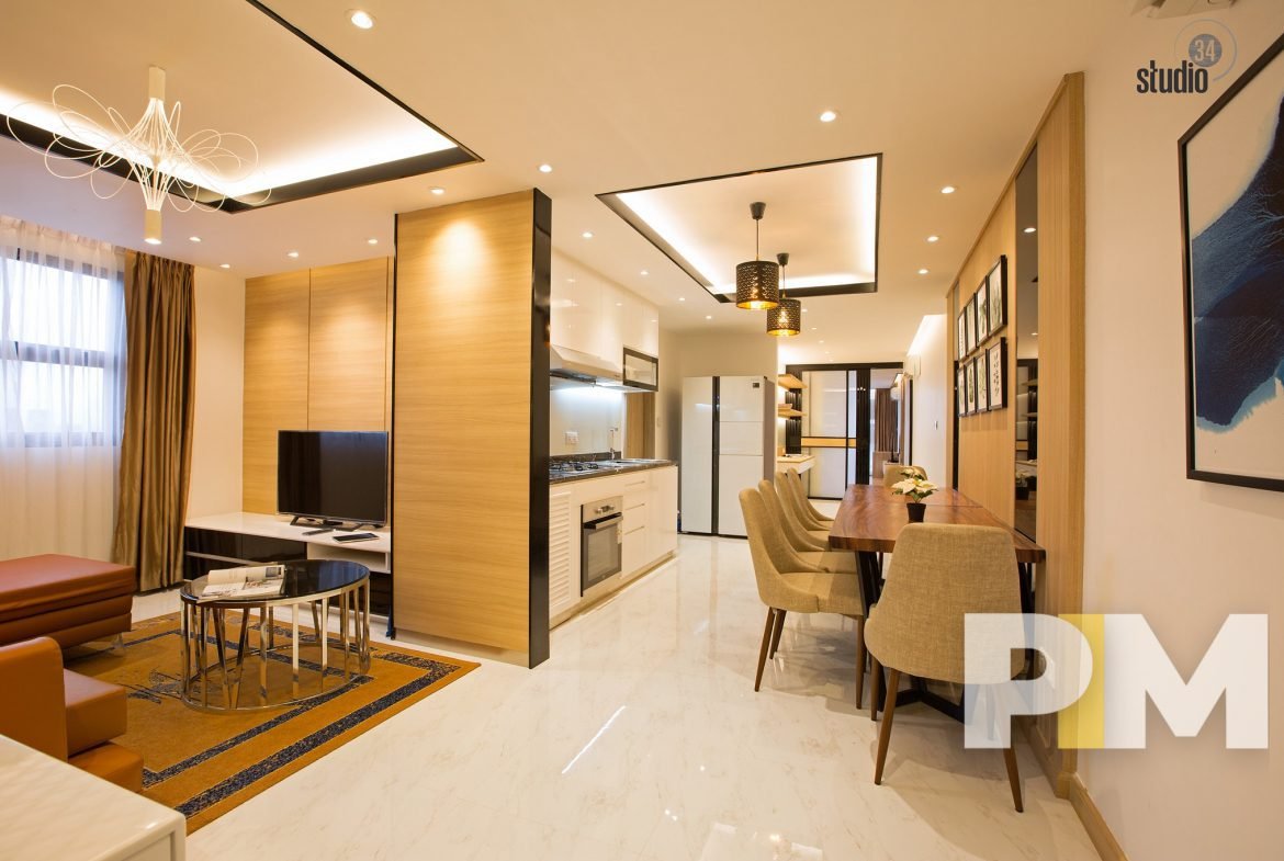 living room with open kitchen - Home Rental Myanmar